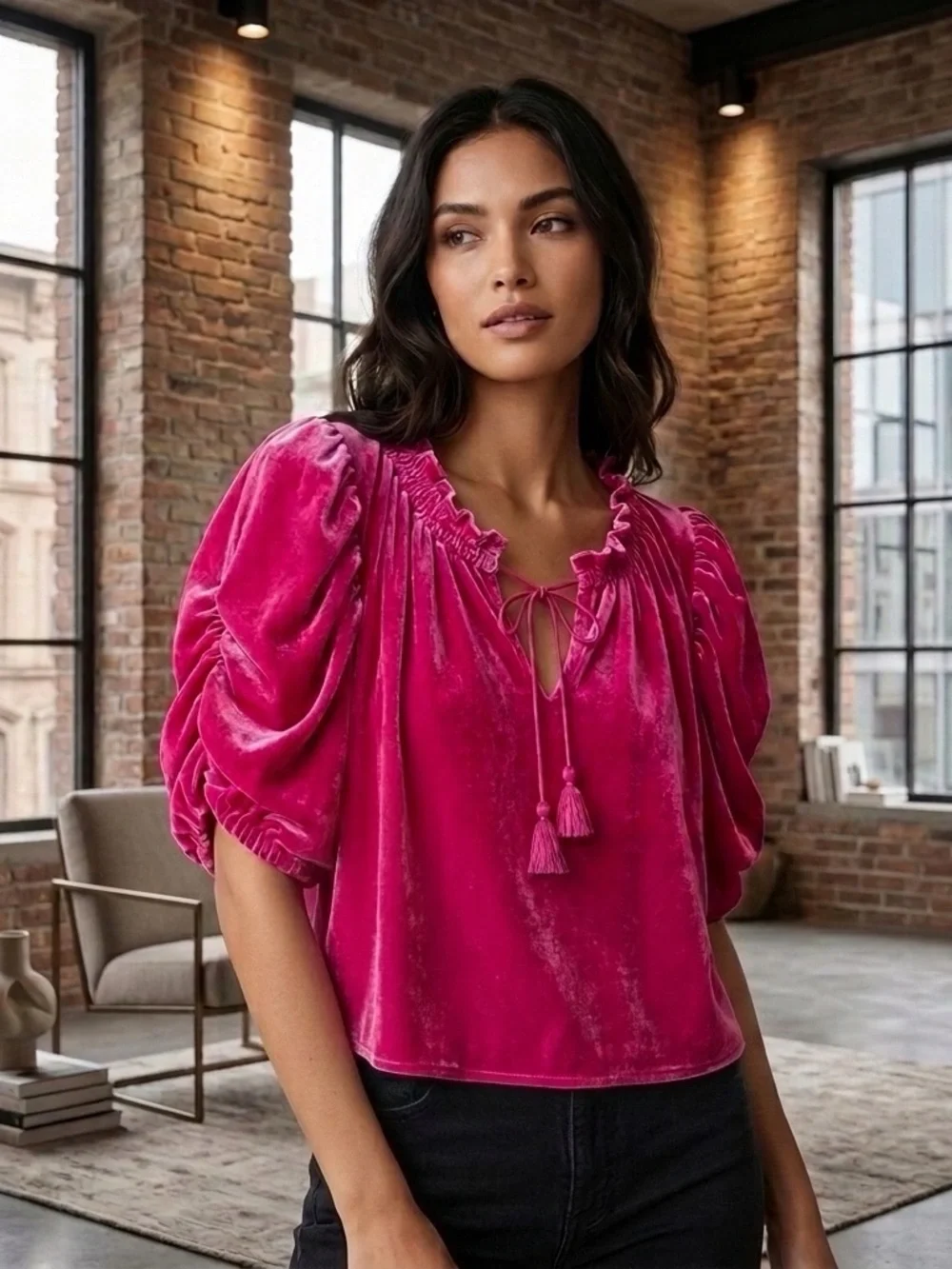 Free People Velvet Peasant Blouse - Fuchsia